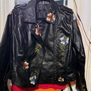 Floral Embroidered Black Leather Jacket